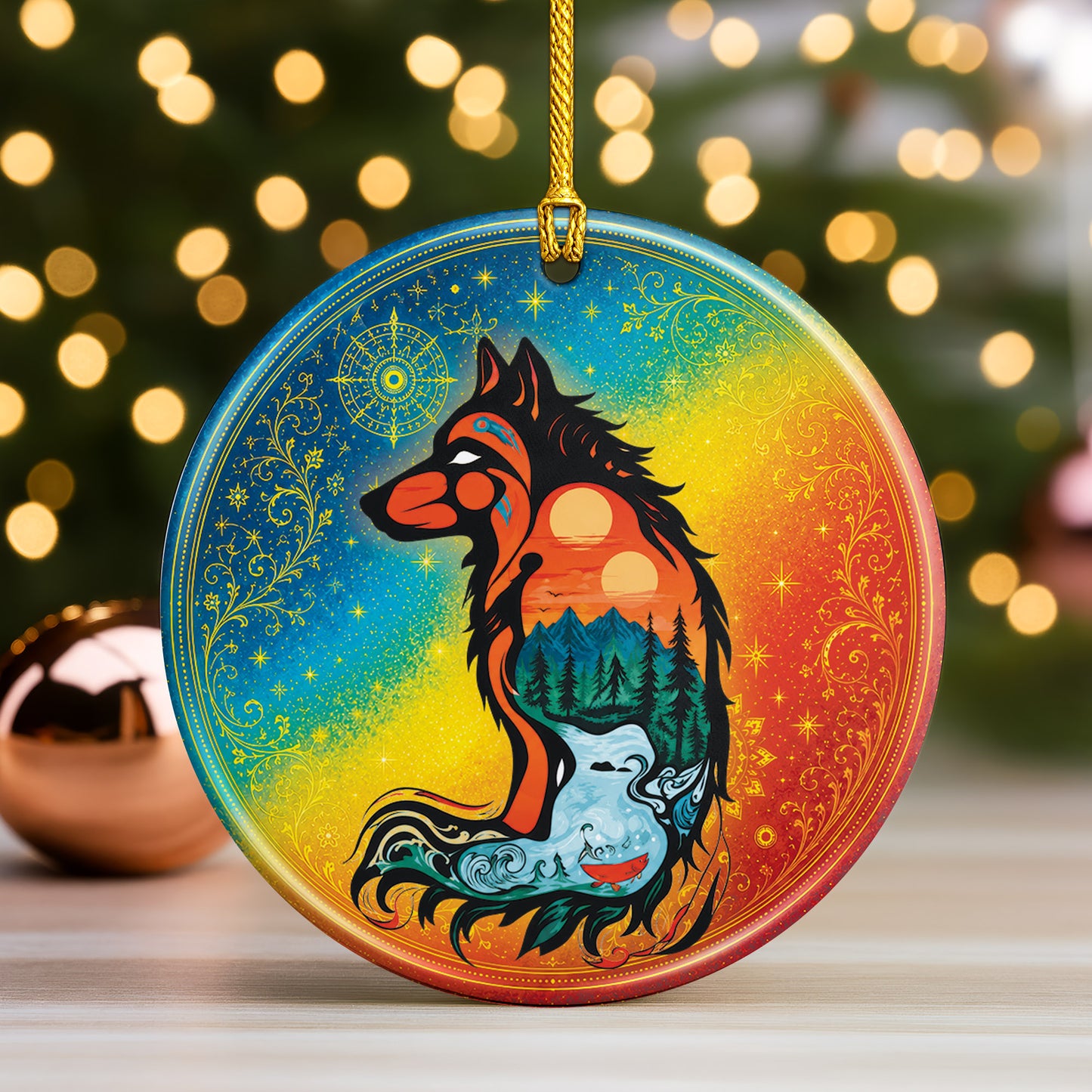 Spirit Wolf Christmas Ornament Native Inspired Ceramic Wildlife Holiday Tree Decoration Gift