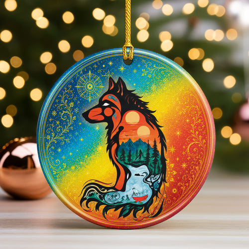 Spirit Wolf Christmas Ornament Native Inspired Ceramic Wildlife Holiday Tree Decoration Gift
