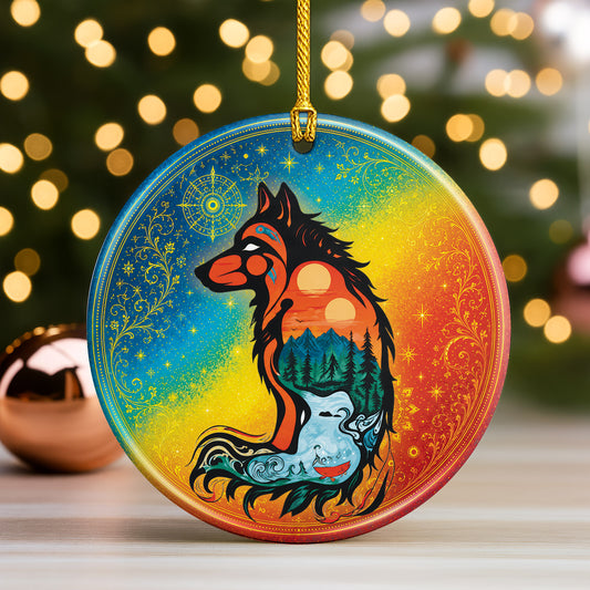Spirit Wolf Christmas Ornament Native Inspired Ceramic Wildlife Holiday Tree Decoration Gift