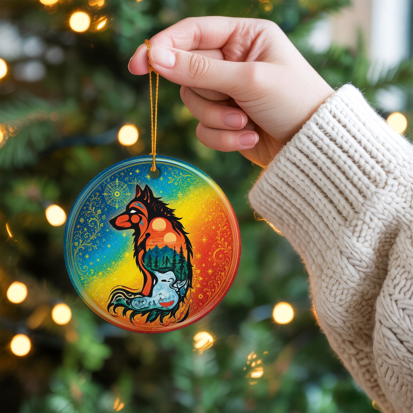 Spirit Wolf Christmas Ornament Native Inspired Ceramic Wildlife Holiday Tree Decoration Gift