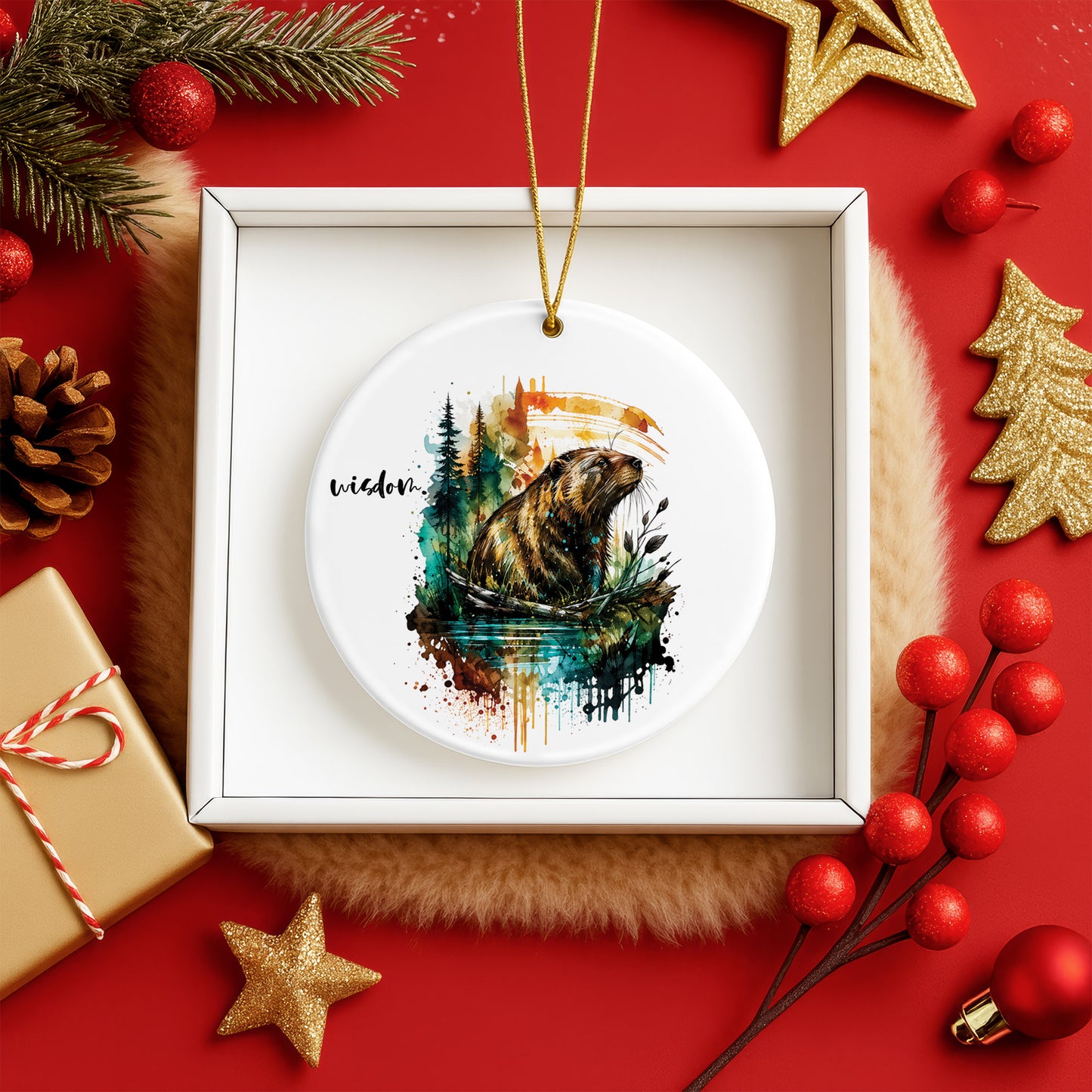 Wisdom Beaver Ceramic Christmas Ornament Watercolor Holiday Tree Decoration Gift