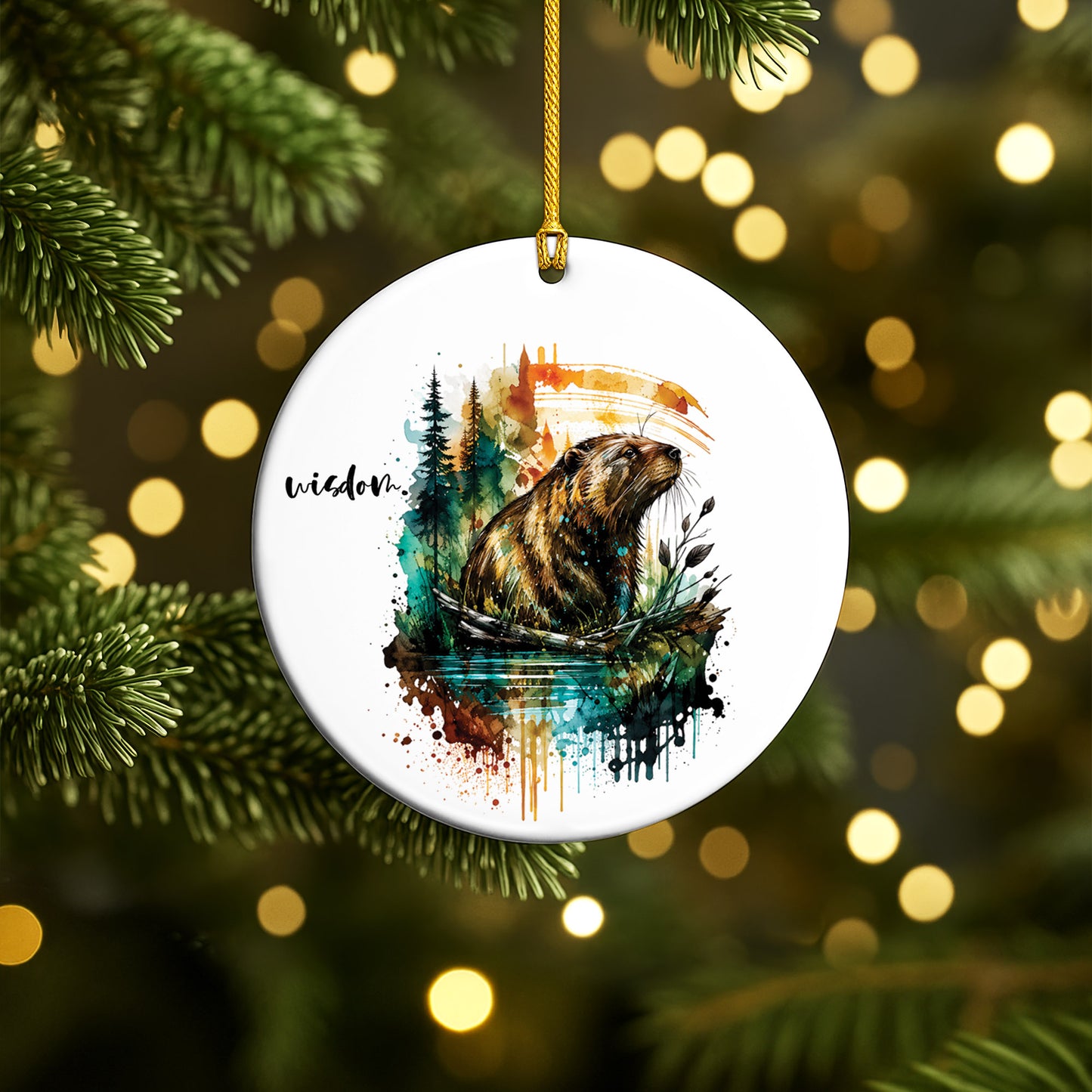 Wisdom Beaver Ceramic Christmas Ornament Watercolor Holiday Tree Decoration Gift