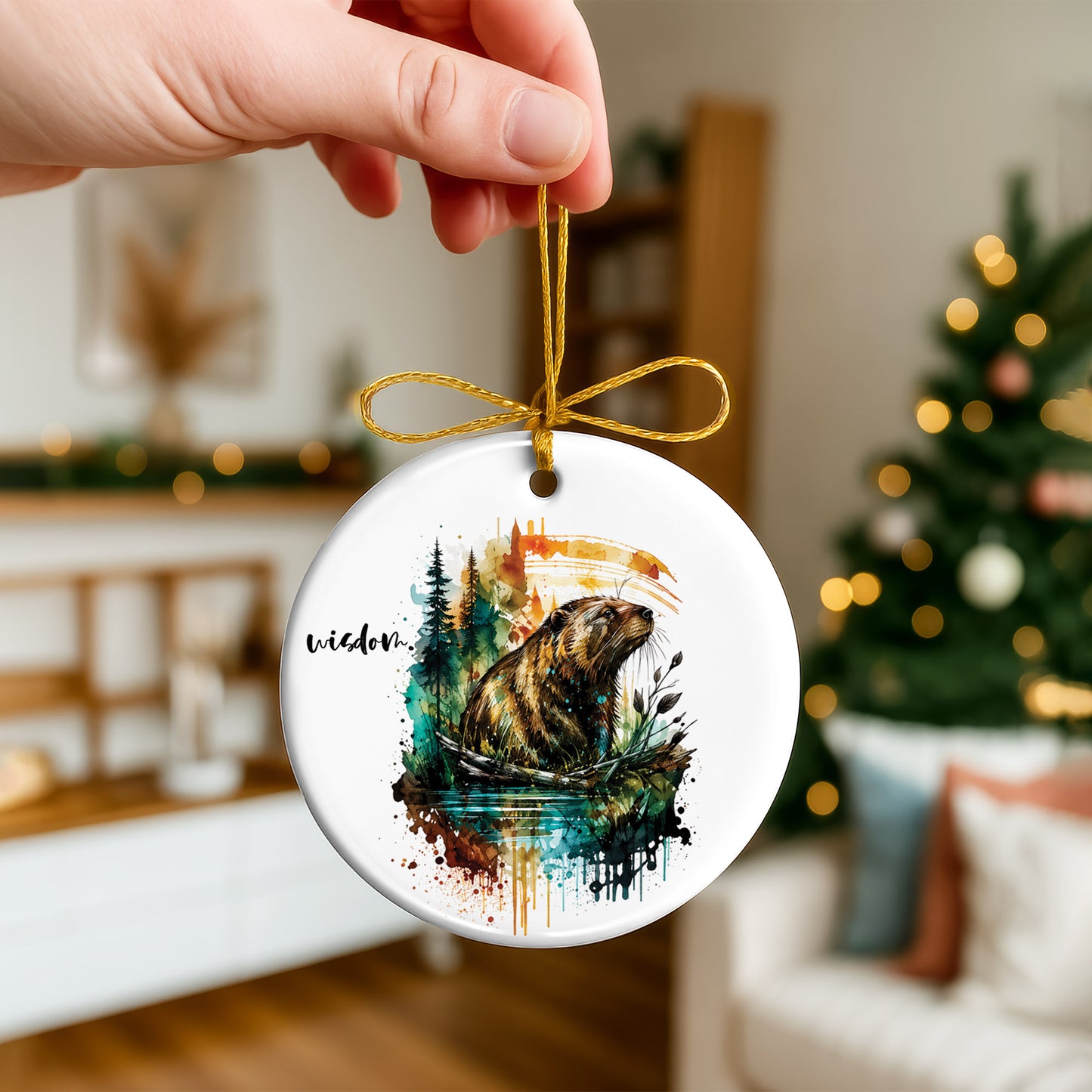 Wisdom Beaver Ceramic Christmas Ornament Watercolor Holiday Tree Decoration Gift