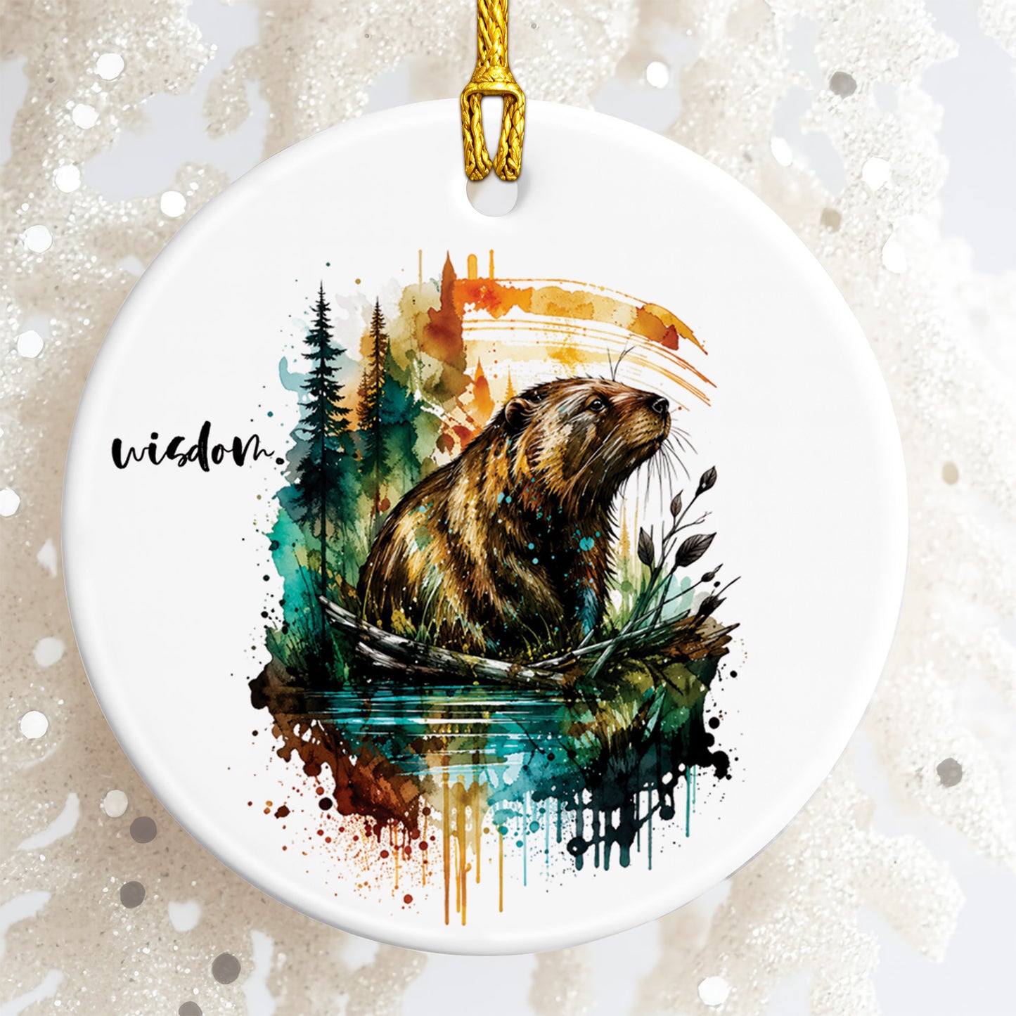 Wisdom Beaver Ceramic Christmas Ornament Watercolor Holiday Tree Decoration Gift