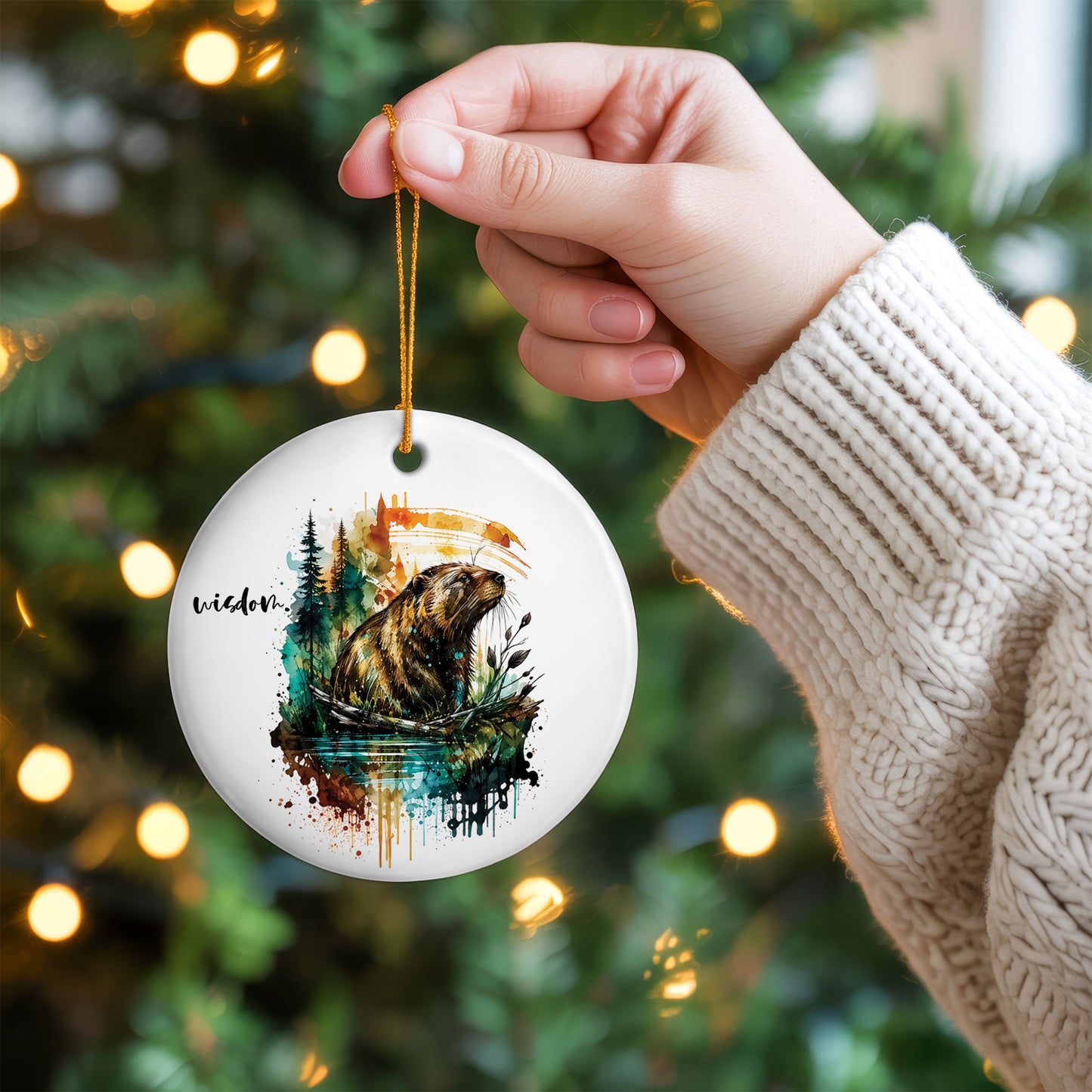 Wisdom Beaver Ceramic Christmas Ornament Watercolor Holiday Tree Decoration Gift