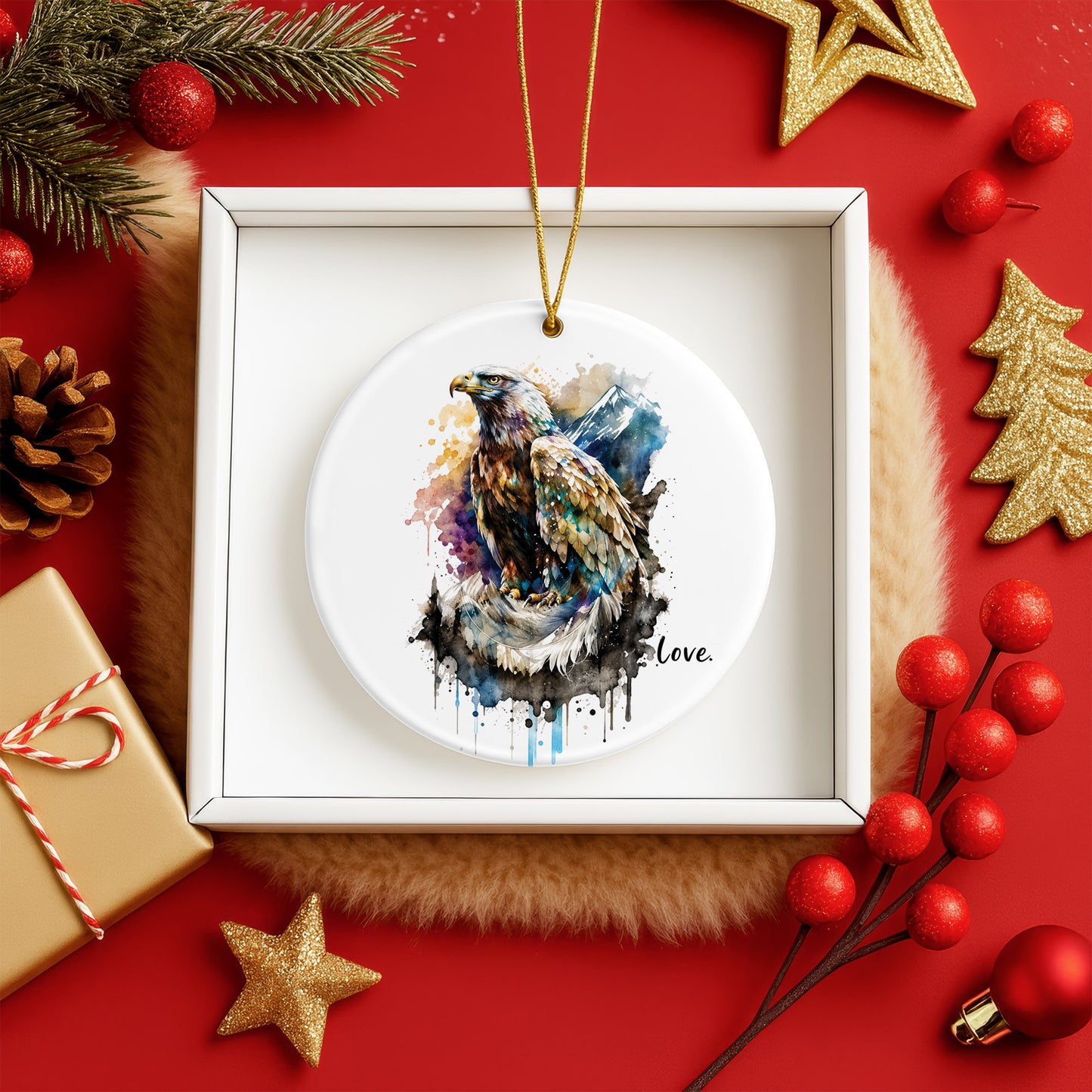 Love Eagle Ceramic Christmas Ornament Watercolor Bald Eagle Holiday Decoration Gift