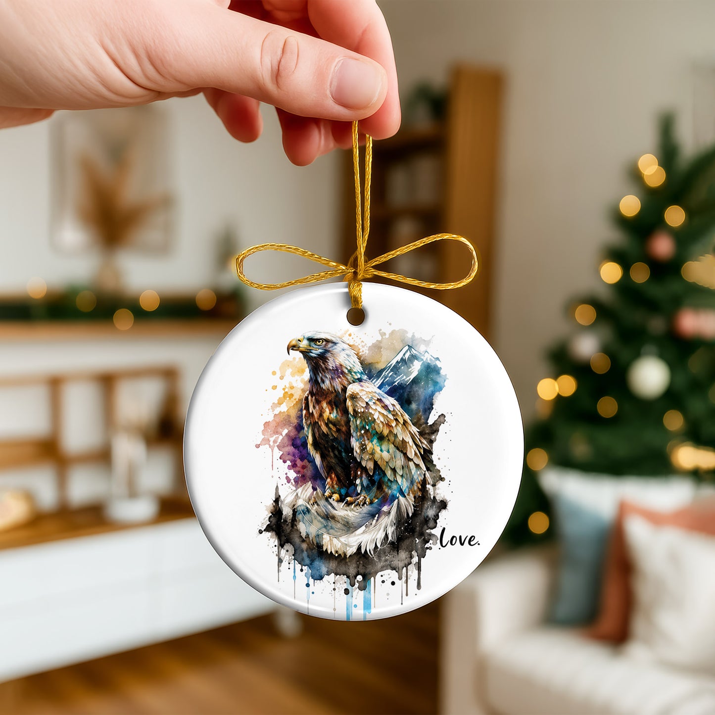 Love Eagle Ceramic Christmas Ornament Watercolor Bald Eagle Holiday Decoration Gift