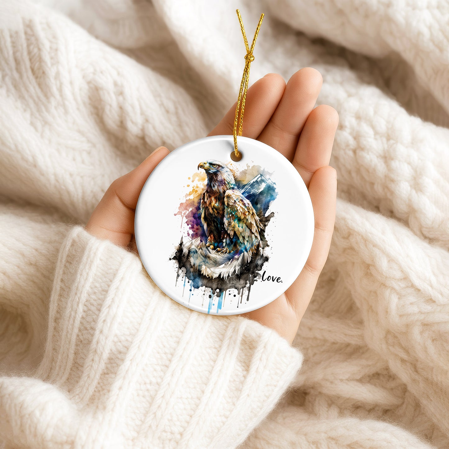 Love Eagle Ceramic Christmas Ornament Watercolor Bald Eagle Holiday Decoration Gift