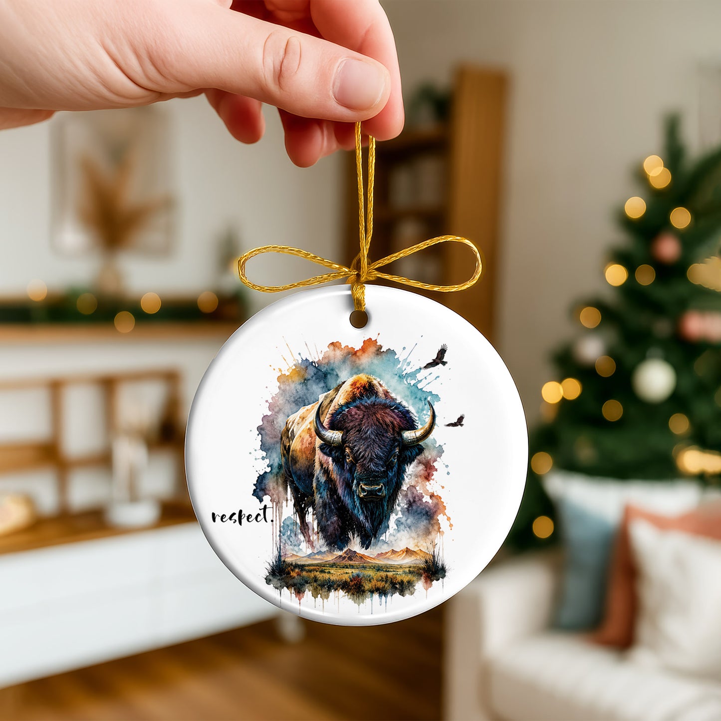 Respect Buffalo Ceramic Christmas Ornament Watercolor Bison Holiday Decoration Gift