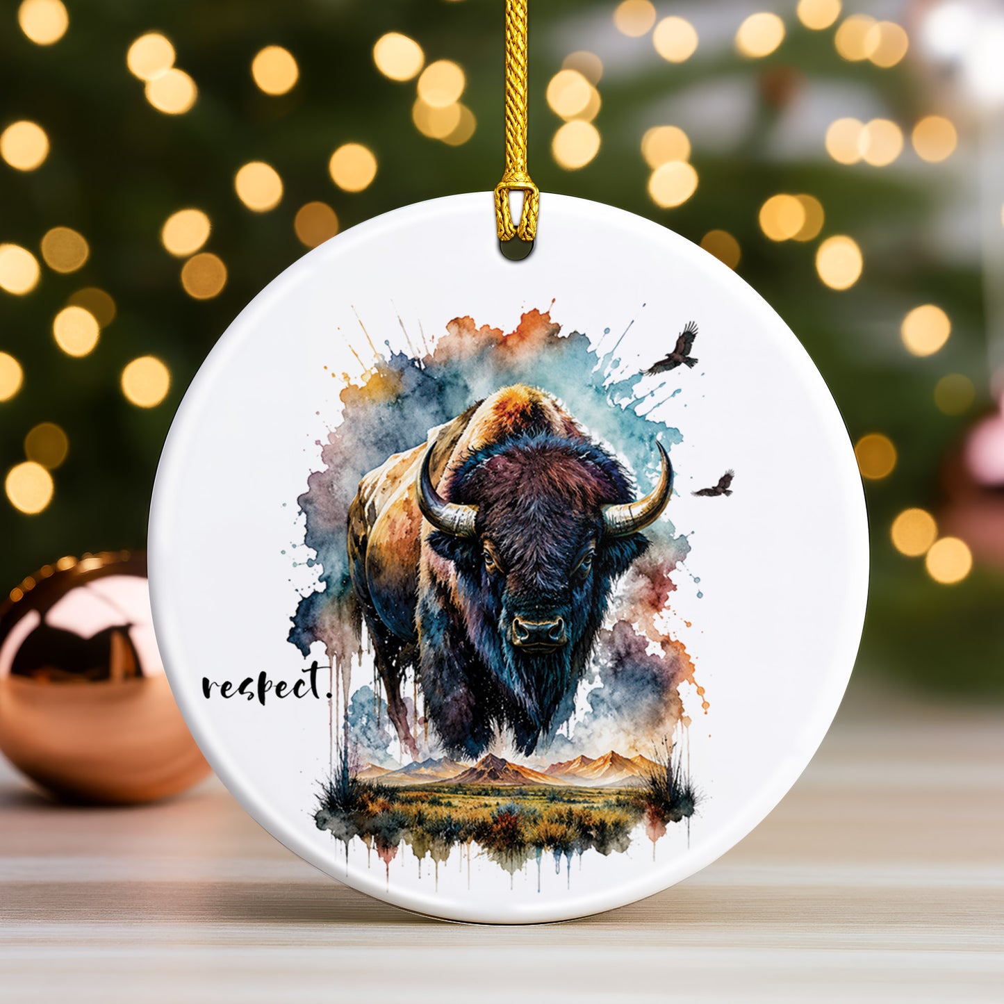 Respect Buffalo Ceramic Christmas Ornament Watercolor Bison Holiday Decoration Gift