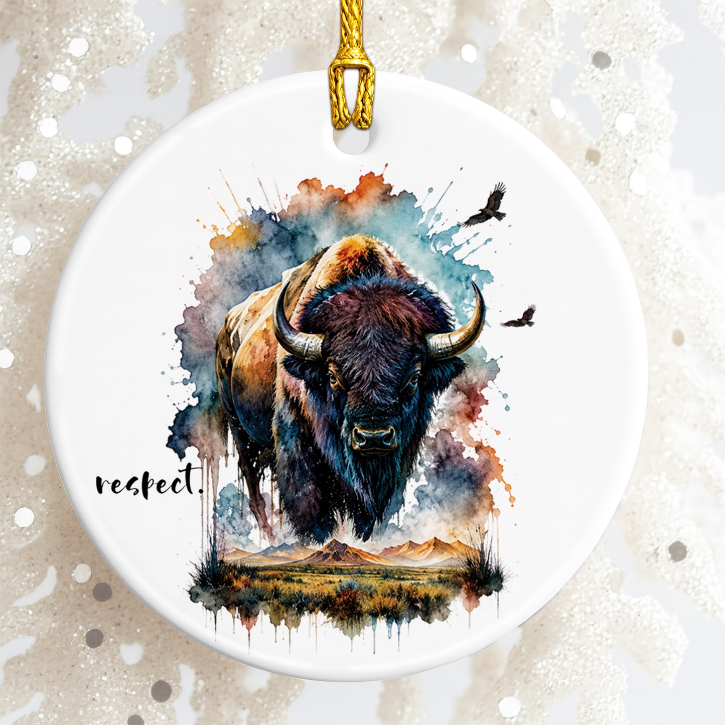 Respect Buffalo Ceramic Christmas Ornament Watercolor Bison Holiday Decoration Gift
