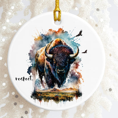 Respect Buffalo Ceramic Christmas Ornament Watercolor Bison Holiday Decoration Gift