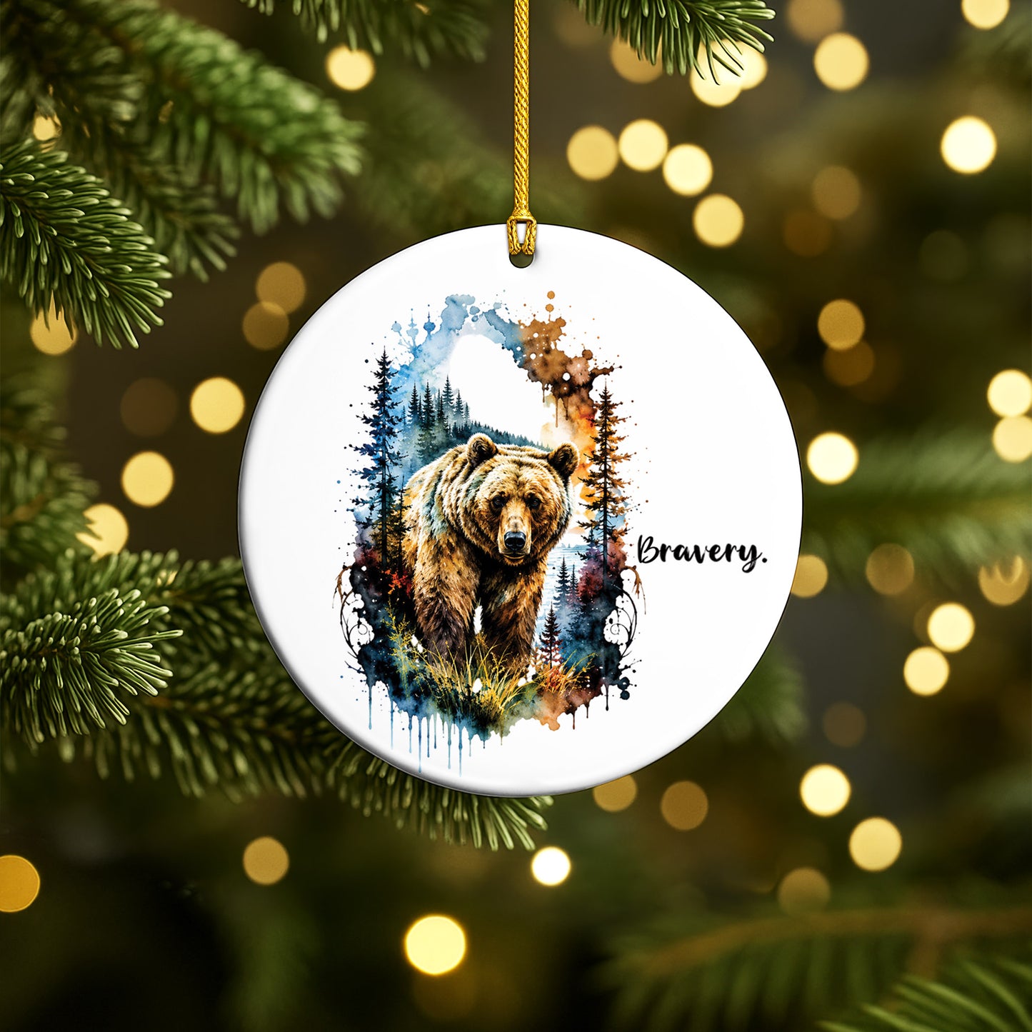 Bravery Bear Ceramic Christmas Ornament Watercolor Holiday Decoration Gift