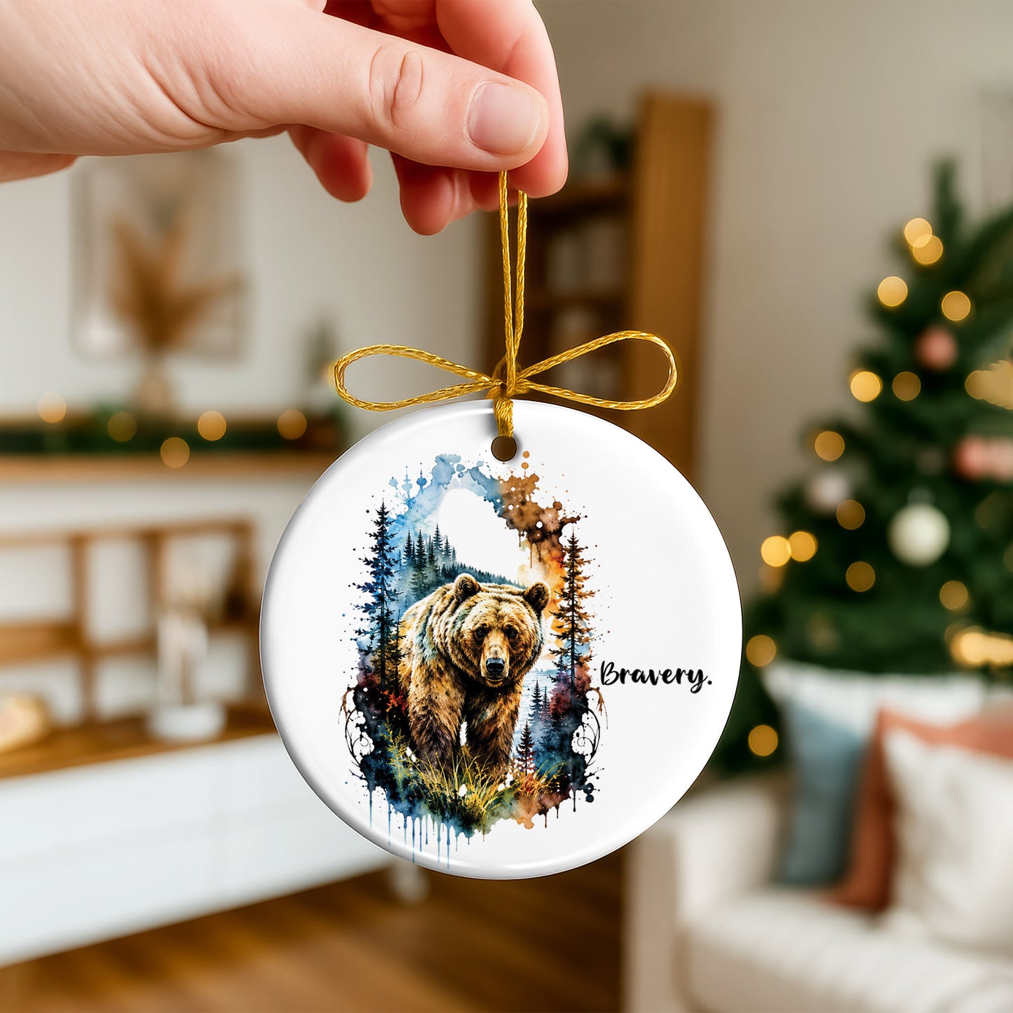 Bravery Bear Ceramic Christmas Ornament Watercolor Holiday Decoration Gift