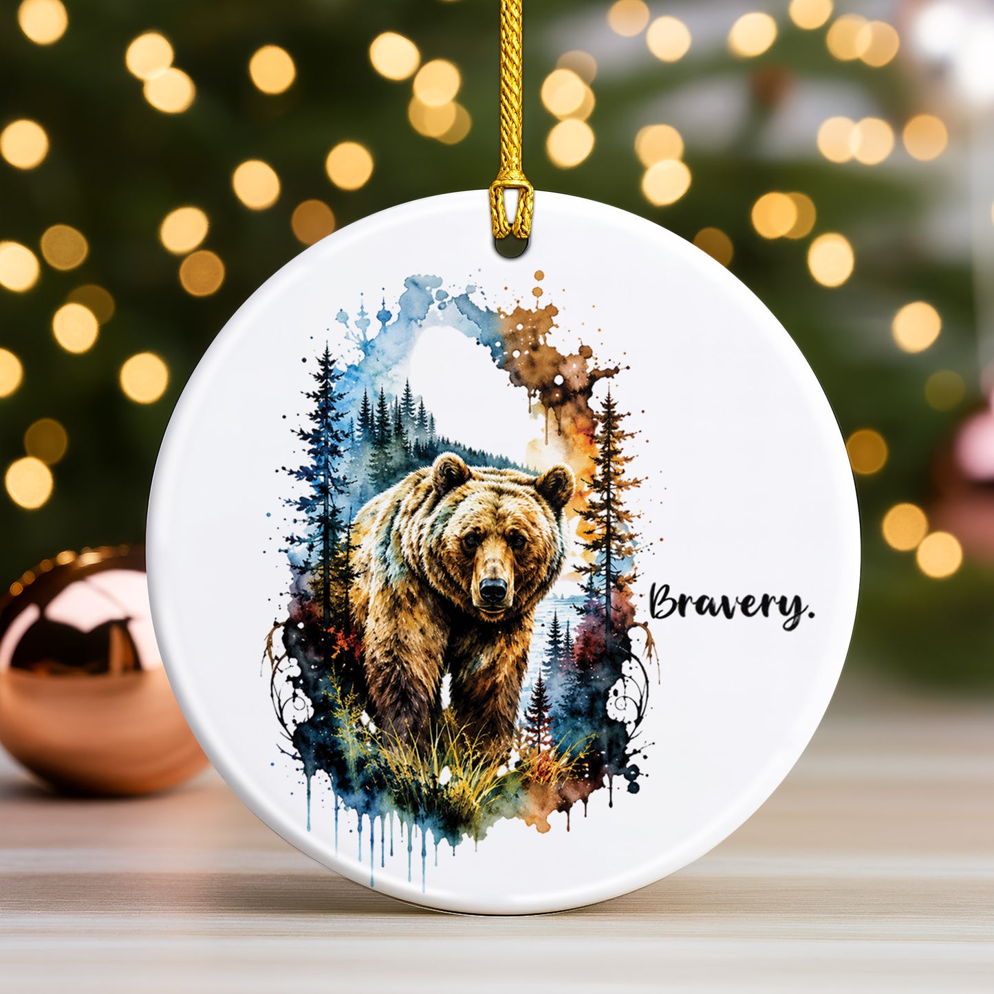 Bravery Bear Ceramic Christmas Ornament Watercolor Holiday Decoration Gift