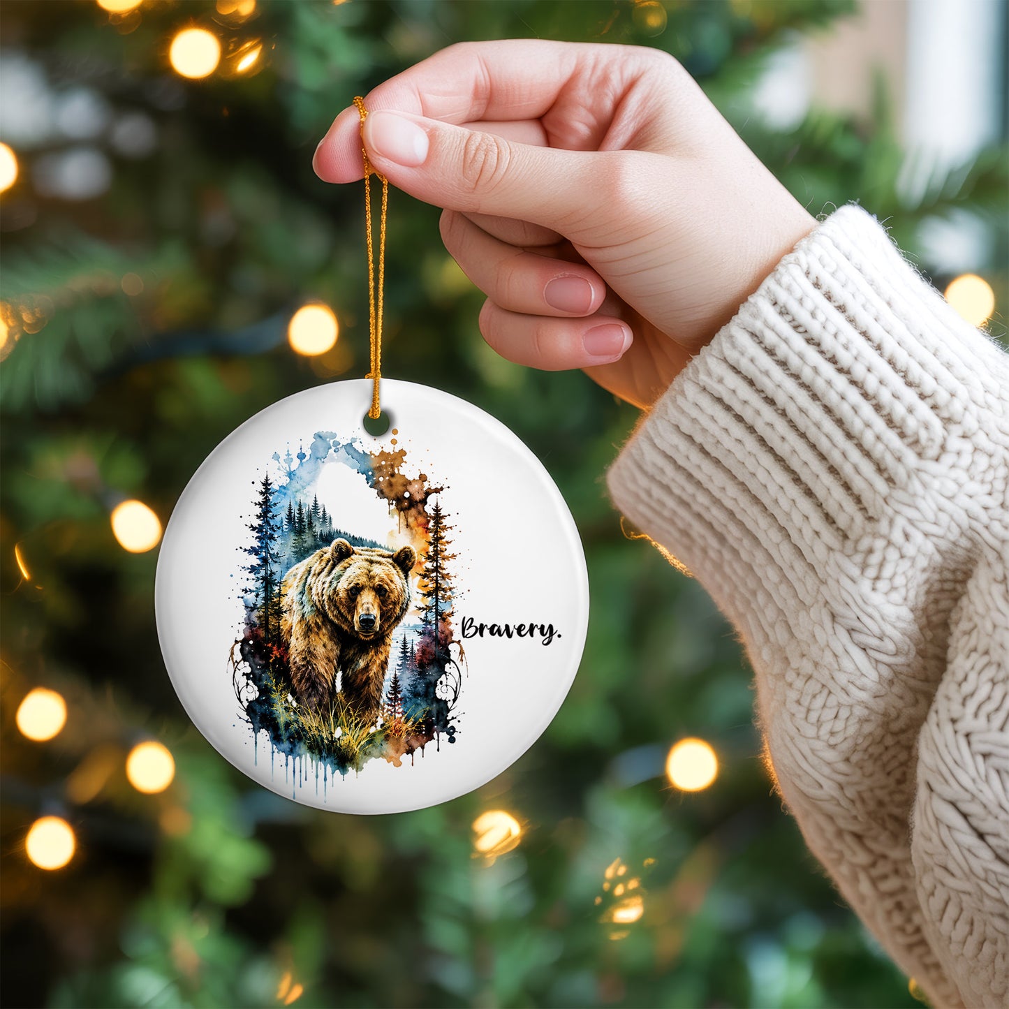 Bravery Bear Ceramic Christmas Ornament Watercolor Holiday Decoration Gift