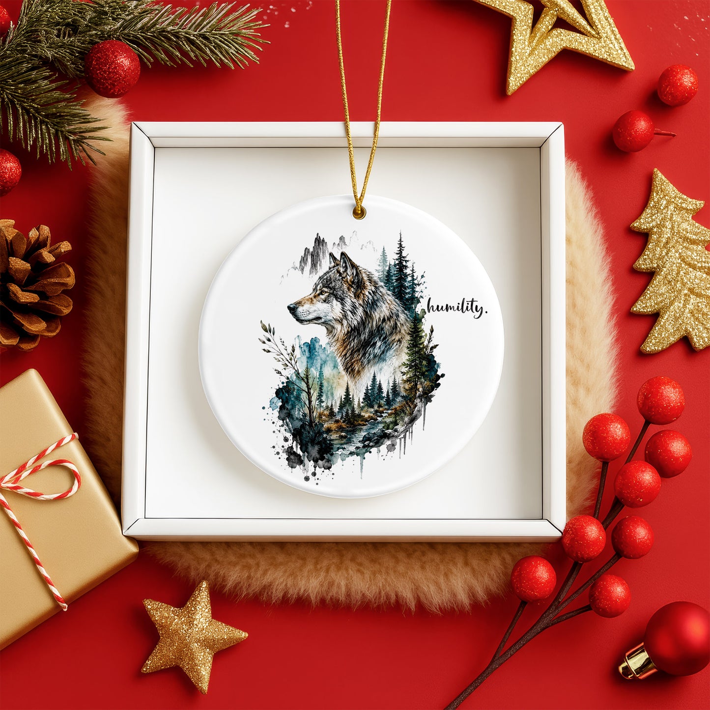 Humility Wolf Ceramic Christmas Ornament Watercolor Wildlife Forest Holiday Decoration Gift
