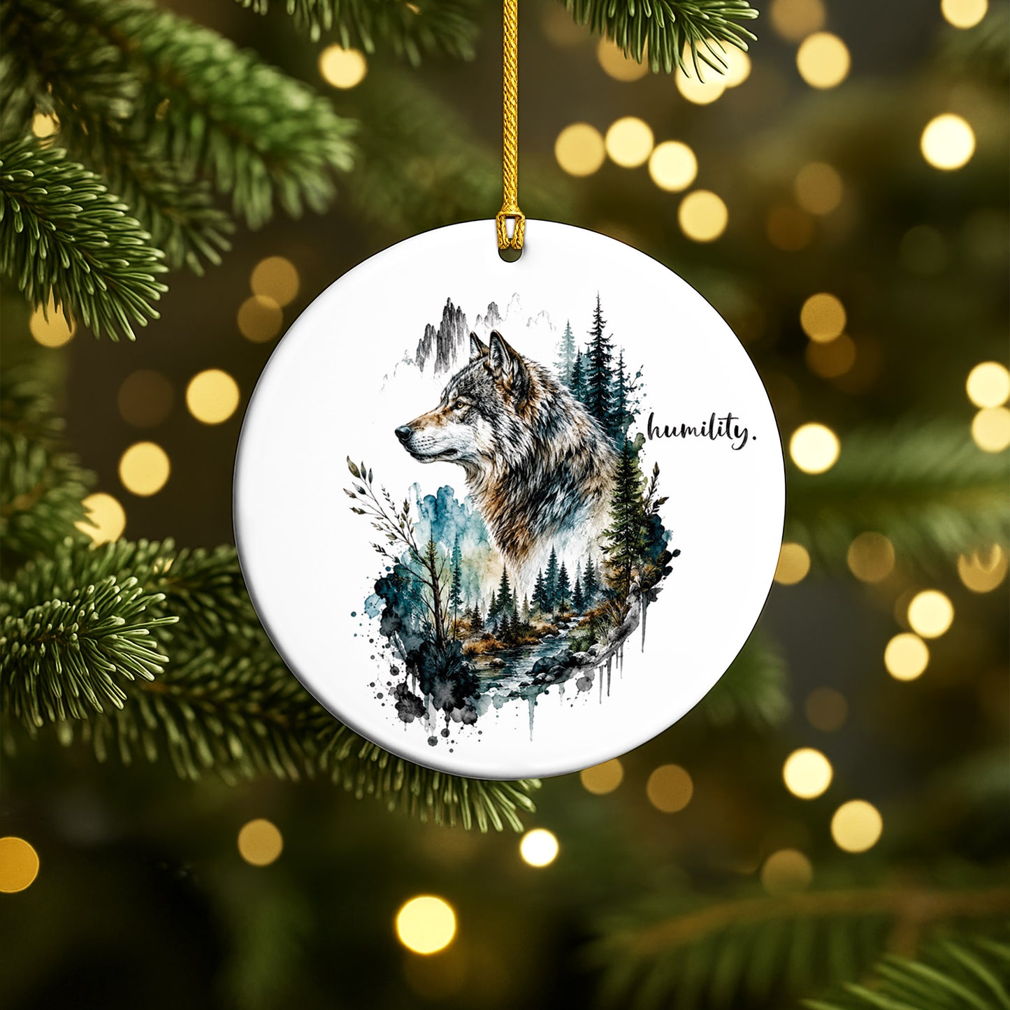 Humility Wolf Ceramic Christmas Ornament Watercolor Wildlife Forest Holiday Decoration Gift