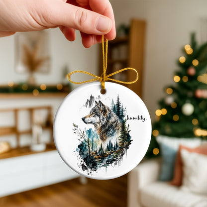 Humility Wolf Ceramic Christmas Ornament Watercolor Wildlife Forest Holiday Decoration Gift