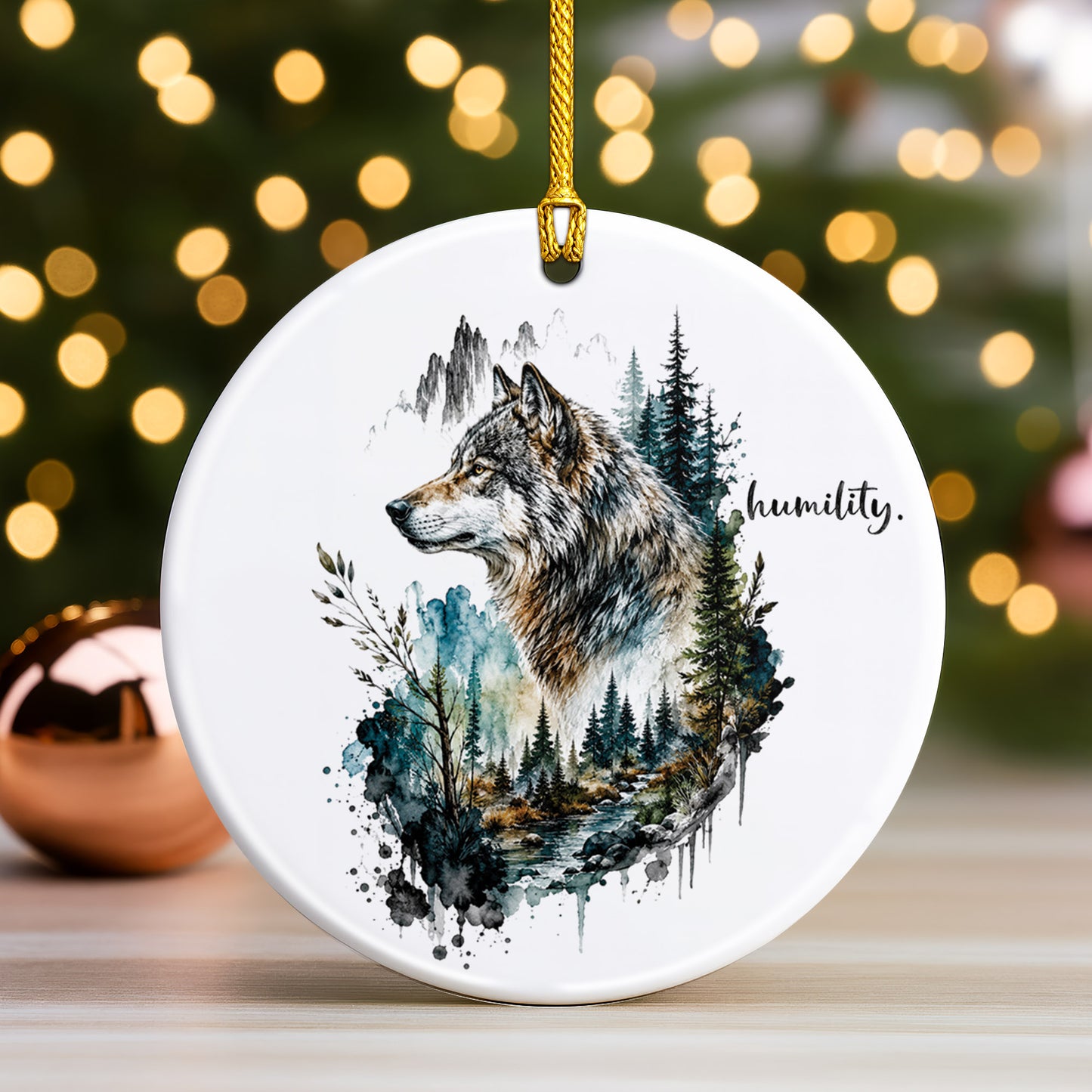 Humility Wolf Ceramic Christmas Ornament Watercolor Wildlife Forest Holiday Decoration Gift
