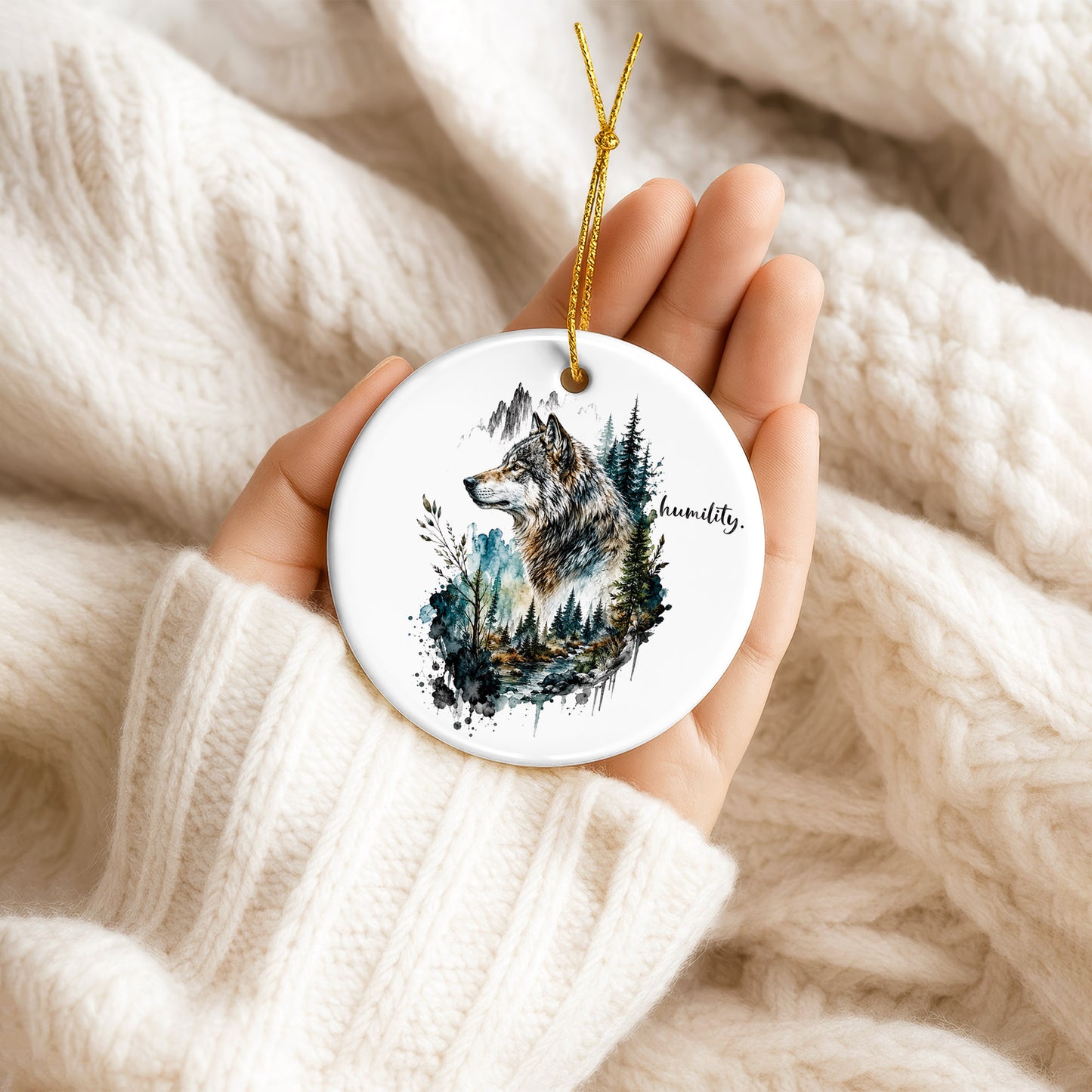 Humility Wolf Ceramic Christmas Ornament Watercolor Wildlife Forest Holiday Decoration Gift