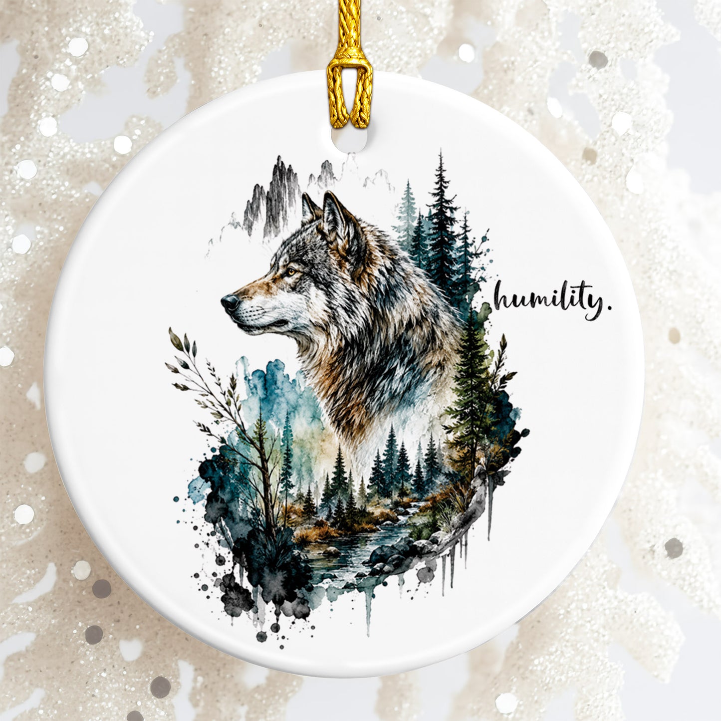 Humility Wolf Ceramic Christmas Ornament Watercolor Wildlife Forest Holiday Decoration Gift