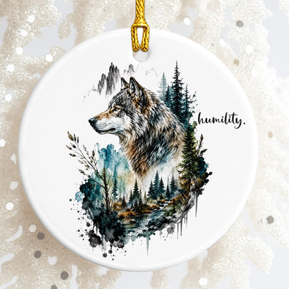 Humility Wolf Ceramic Christmas Ornament Watercolor Wildlife Forest Holiday Decoration Gift