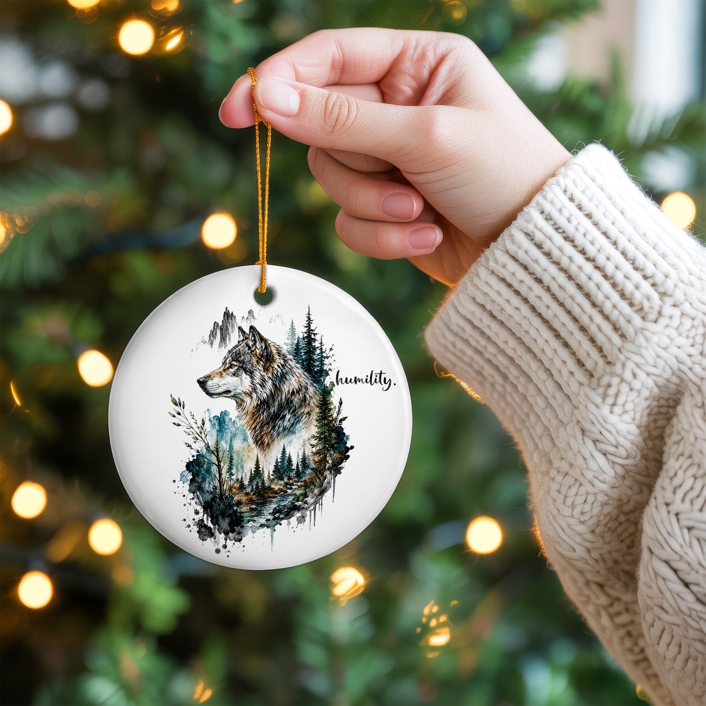 Humility Wolf Ceramic Christmas Ornament Watercolor Wildlife Forest Holiday Decoration Gift