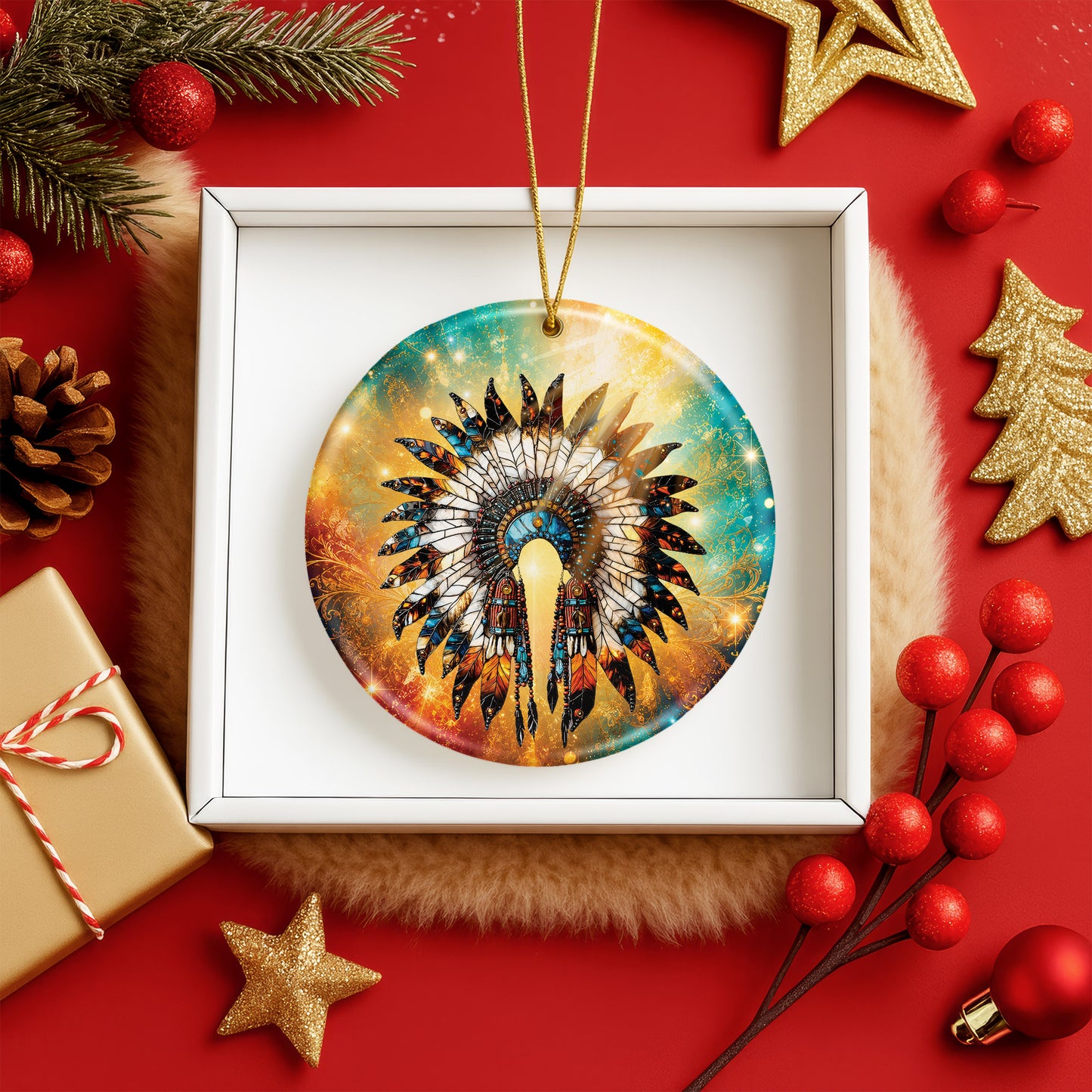 Native American Feather Headdress Ceramic Ornament Indigenous Heritage Holiday Decoration