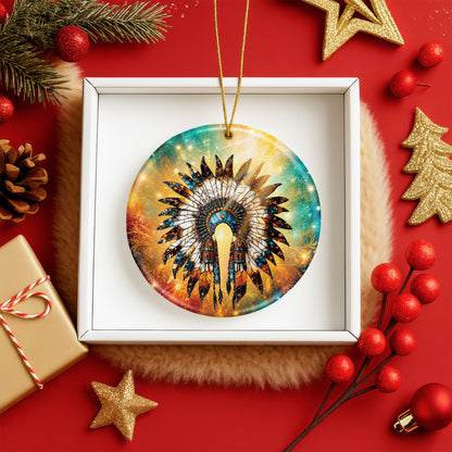 Native American Feather Headdress Ceramic Ornament Indigenous Heritage Holiday Decoration