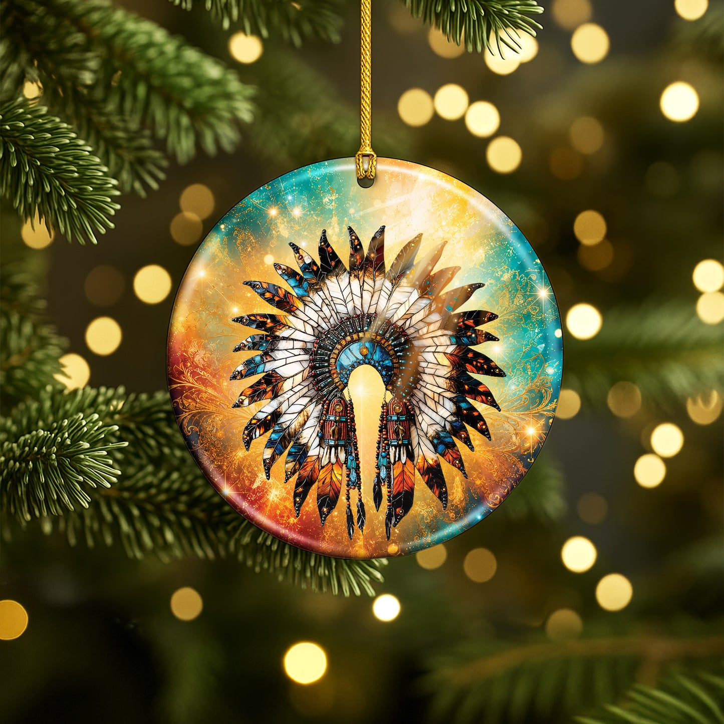 Native American Feather Headdress Ceramic Ornament Indigenous Heritage Holiday Decoration
