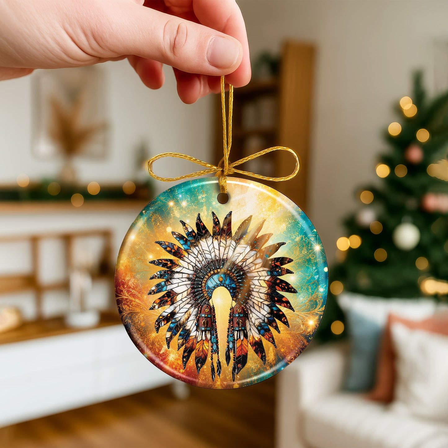 Native American Feather Headdress Ceramic Ornament Indigenous Heritage Holiday Decoration