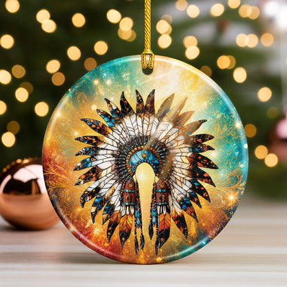 Native American Feather Headdress Ceramic Ornament Indigenous Heritage Holiday Decoration