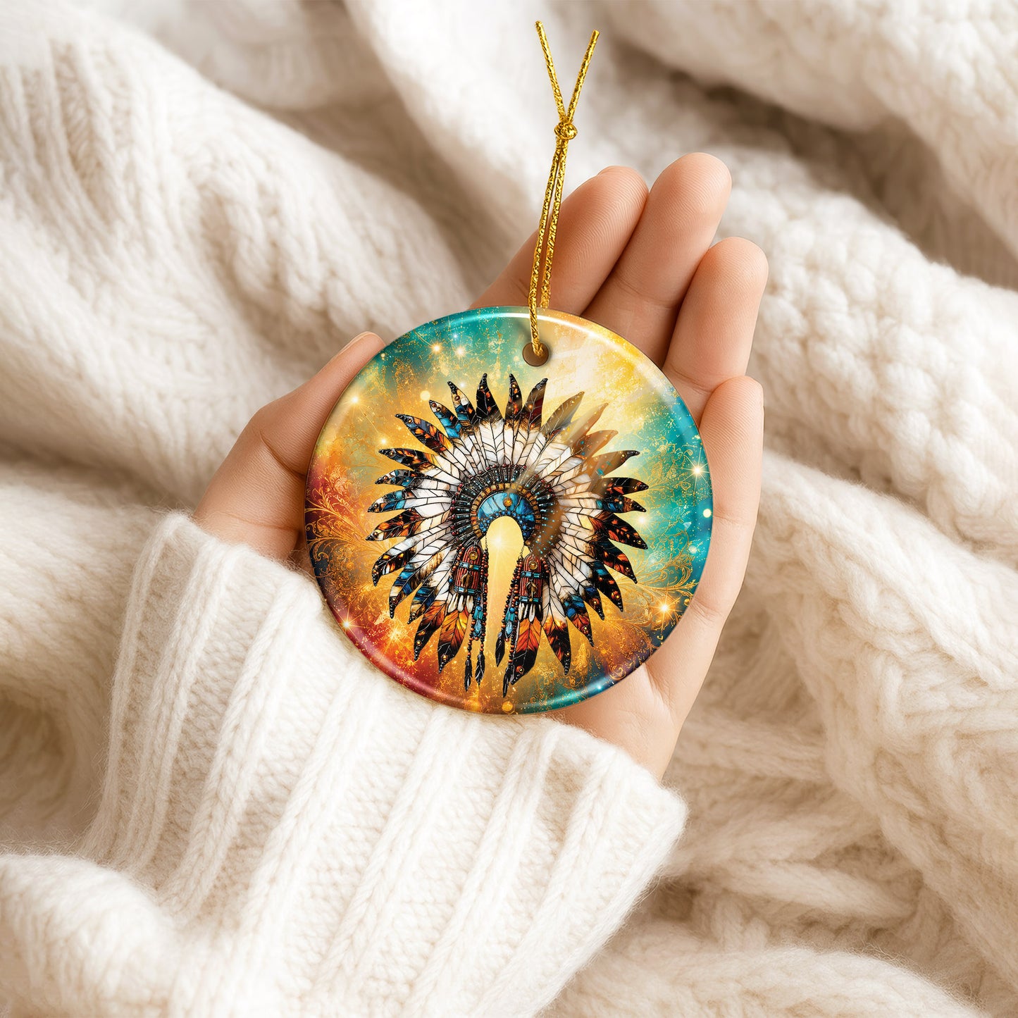 Native American Feather Headdress Ceramic Ornament Indigenous Heritage Holiday Decoration