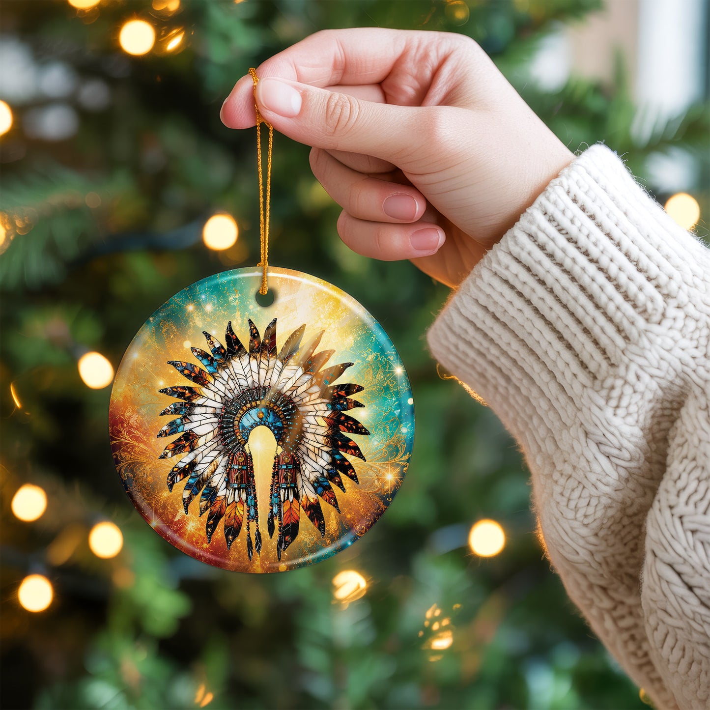Native American Feather Headdress Ceramic Ornament Indigenous Heritage Holiday Decoration
