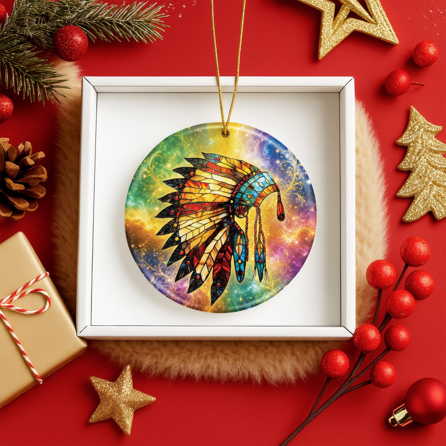 Indigenous Feather Headdress Ceramic Ornament Spiritual Christmas Tree Ornament