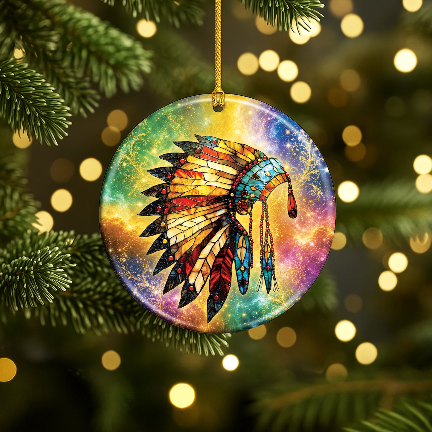 Indigenous Feather Headdress Ceramic Ornament Spiritual Christmas Tree Ornament