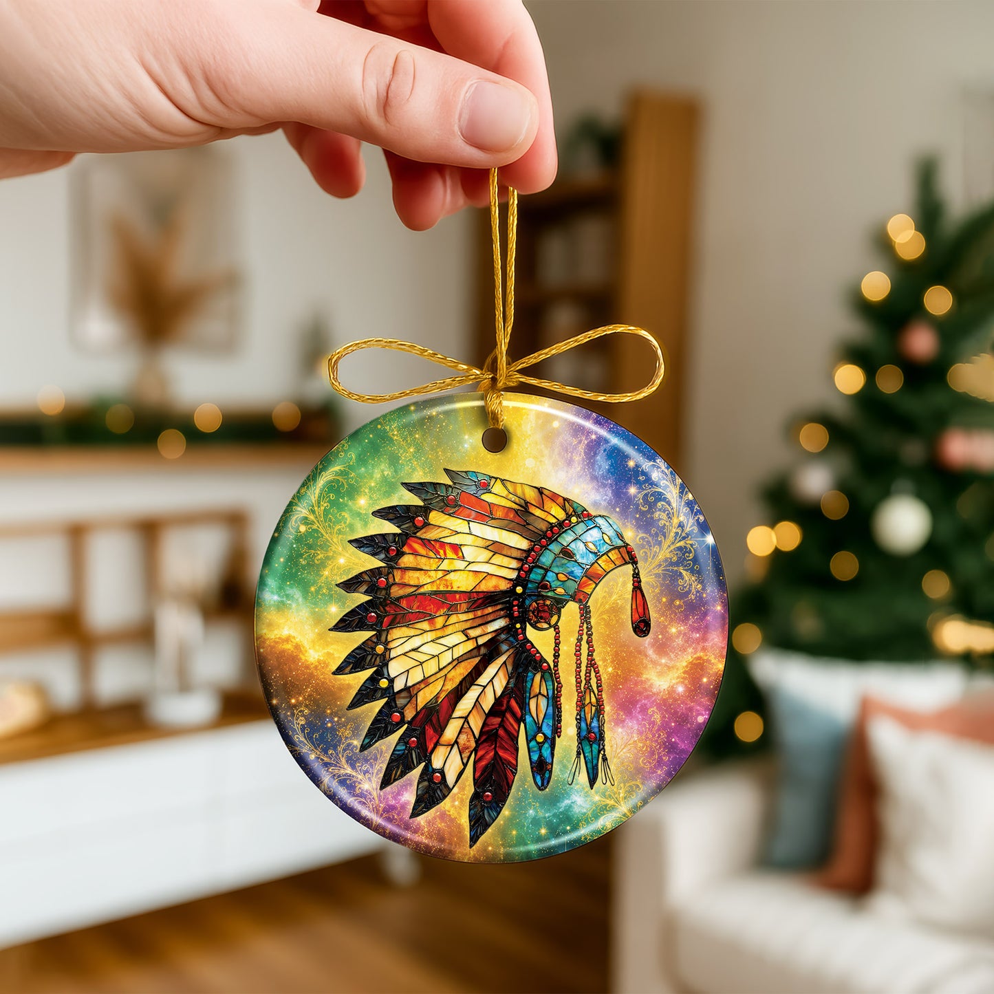 Indigenous Feather Headdress Ceramic Ornament Spiritual Christmas Tree Ornament