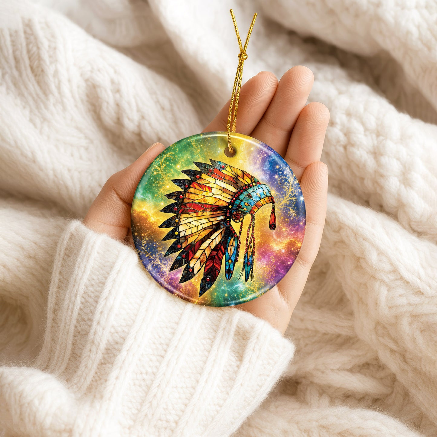 Indigenous Feather Headdress Ceramic Ornament Spiritual Christmas Tree Ornament