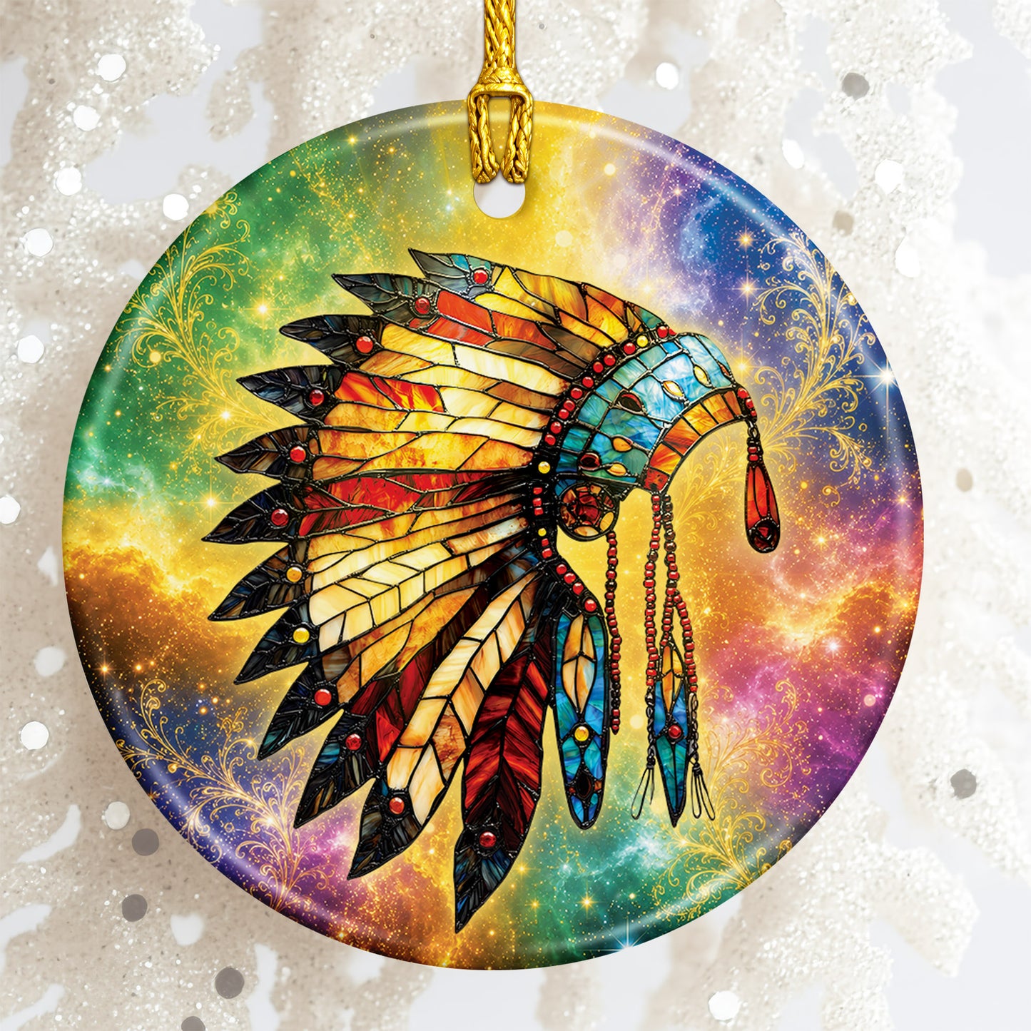 Indigenous Feather Headdress Ceramic Ornament Spiritual Christmas Tree Ornament