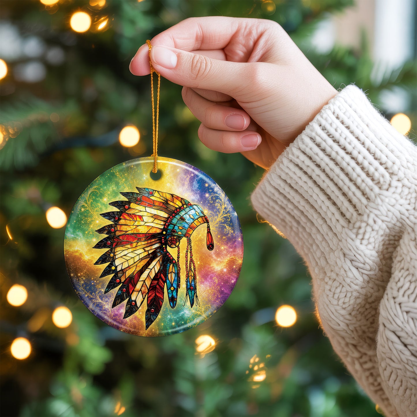 Indigenous Feather Headdress Ceramic Ornament Spiritual Christmas Tree Ornament