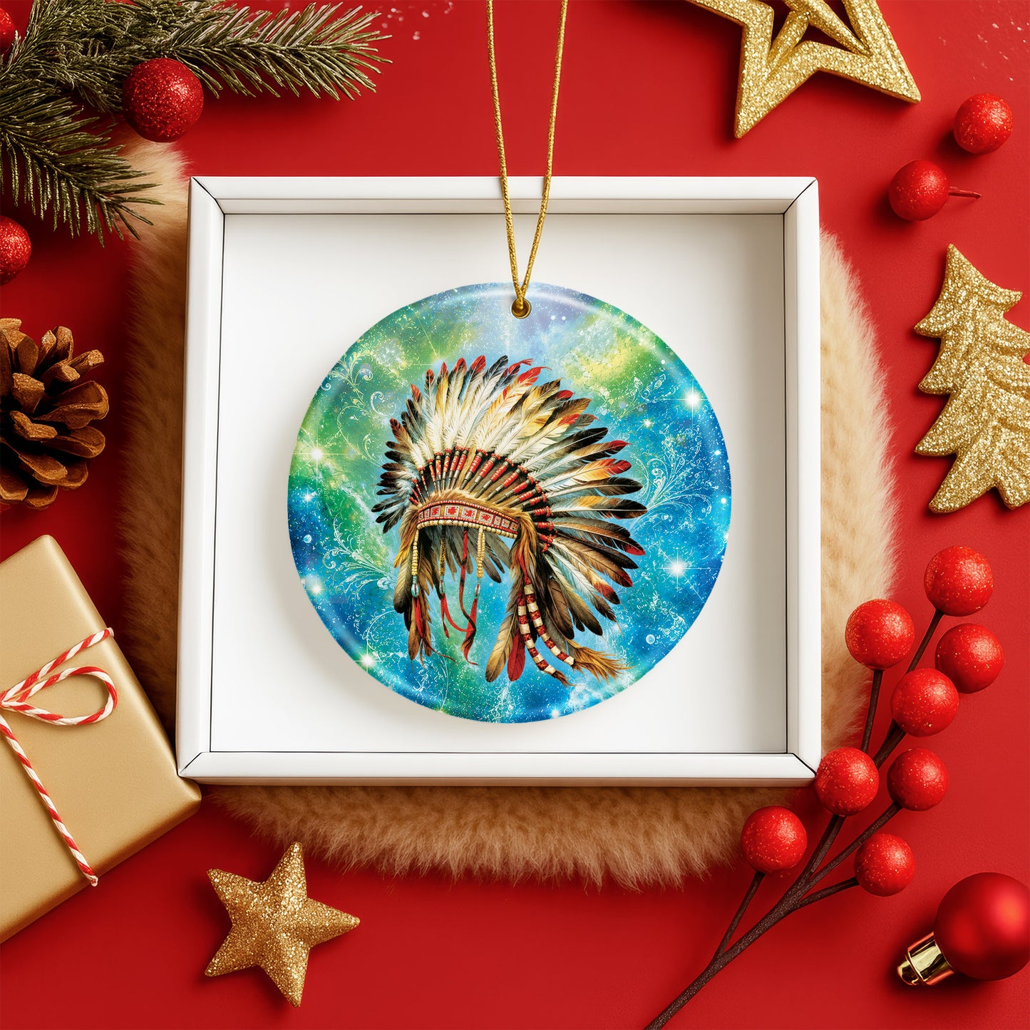 Traditional Native American Headdress Ceramic Ornament Indigenous Heritage Christmas Tree Decor
