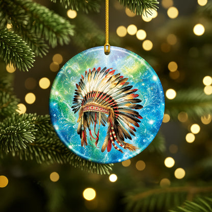 Traditional Native American Headdress Ceramic Ornament Indigenous Heritage Christmas Tree Decor