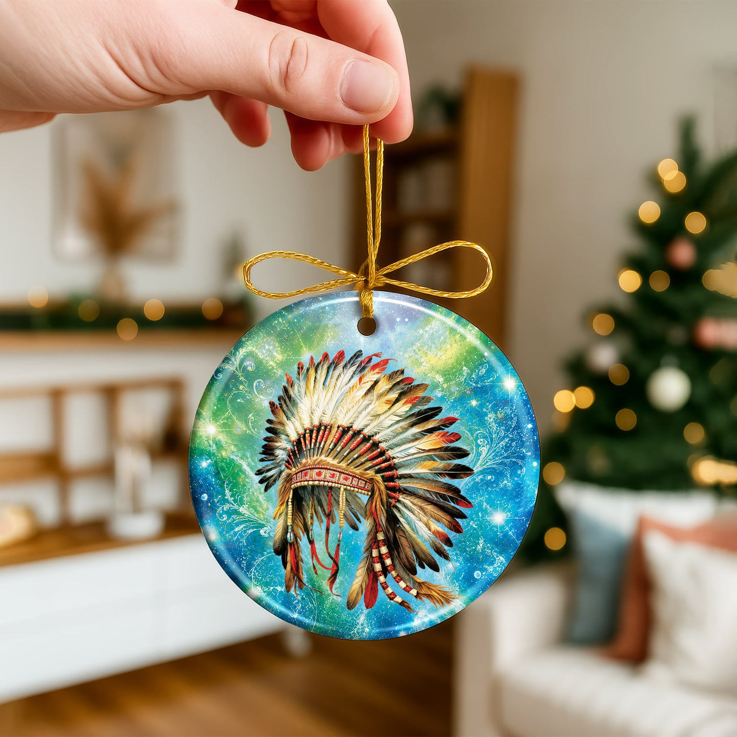 Traditional Native American Headdress Ceramic Ornament Indigenous Heritage Christmas Tree Decor