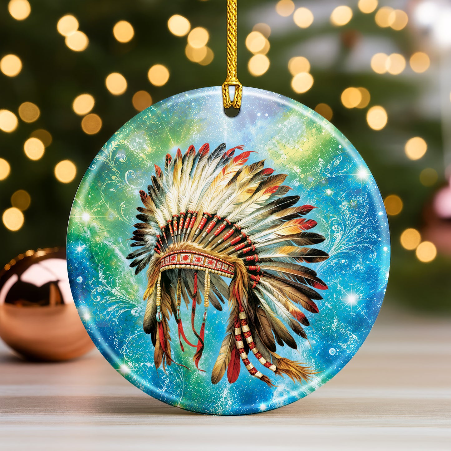 Traditional Native American Headdress Ceramic Ornament Indigenous Heritage Christmas Tree Decor