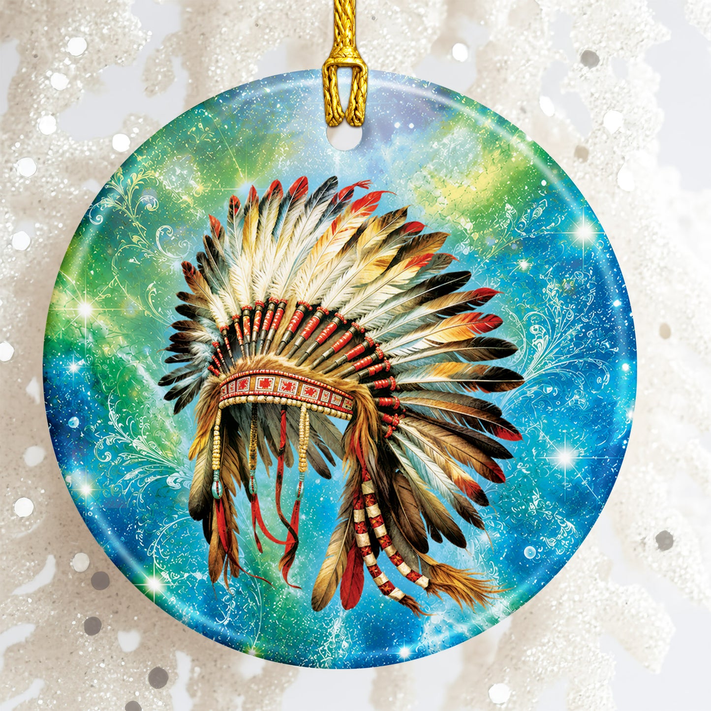 Traditional Native American Headdress Ceramic Ornament Indigenous Heritage Christmas Tree Decor