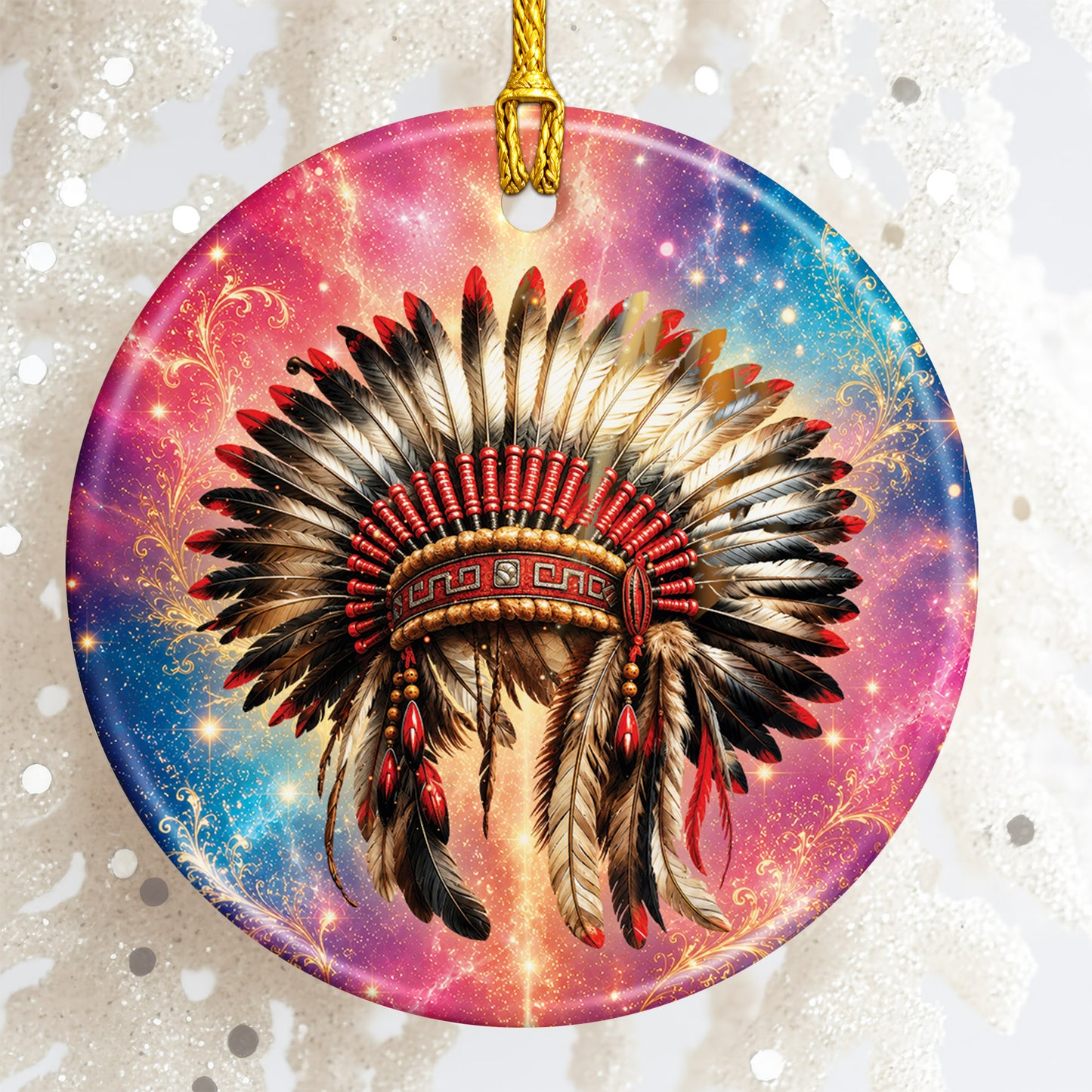 Native American War Bonnet Ceramic Ornament Indigenous Heritage Christmas Tree Decoration