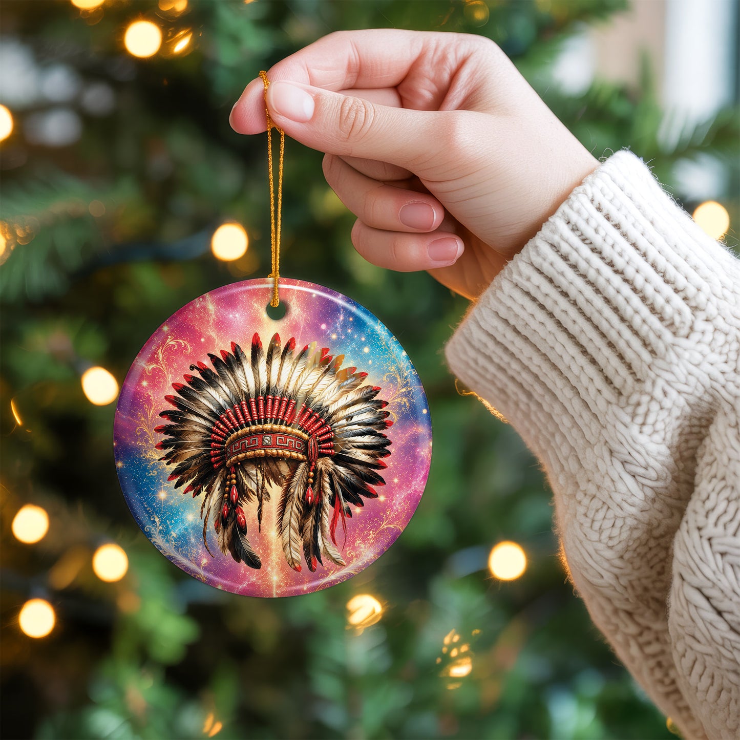 Native American War Bonnet Ceramic Ornament Indigenous Heritage Christmas Tree Decoration
