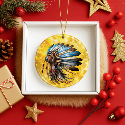 Blue Feather Headdress Ceramic Ornament Native American Heritage Christmas Tree Decoration
