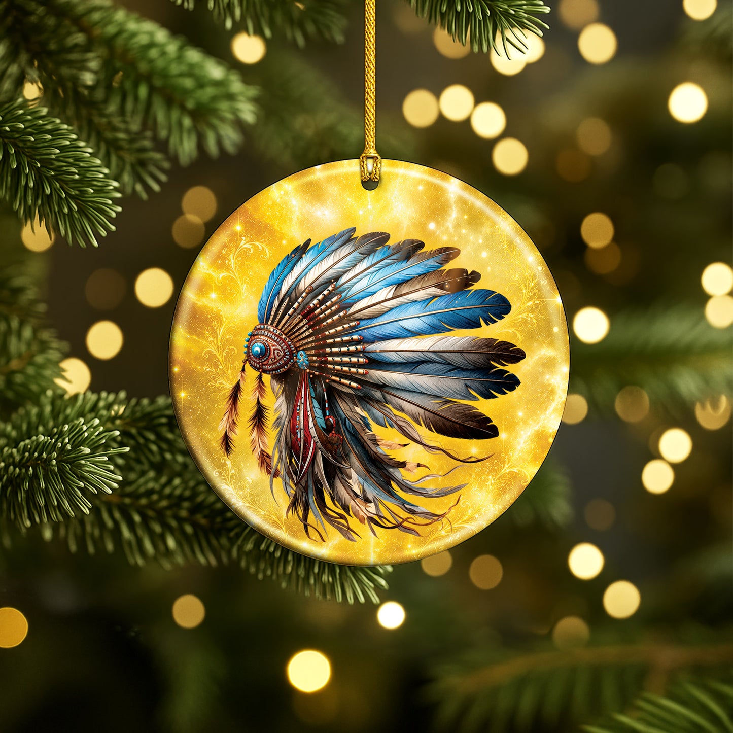 Blue Feather Headdress Ceramic Ornament Native American Heritage Christmas Tree Decoration